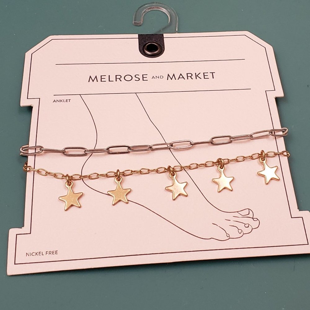 Melrose and Market, NWT, 2 ankle bracelets, silver chain link, gold star charms